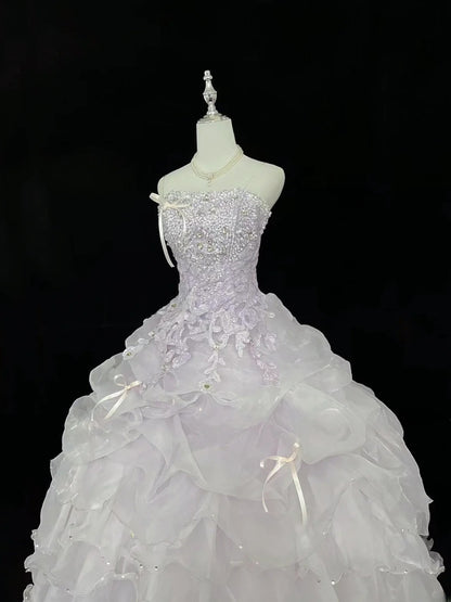 Cute Ball Gown Spaghetti Straps Lilac Organza With Appliqued Beading Quince Dress Voluminous Sweet 16 Sweet Sixteen Outfits Vestido de 15 RB7467