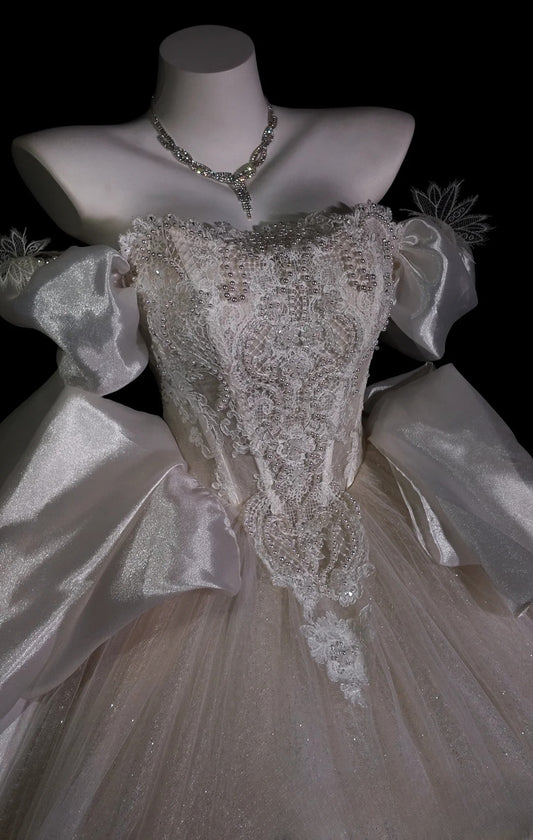 Princess Wedding Dress Ball Gown Off Shoulder White Tulle With Short Sleeves Bridal Gown for Big Day RB9896