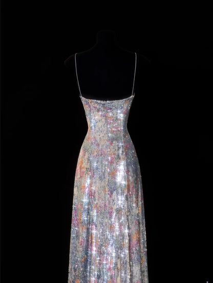 Robe de bal longue élégante à bretelles spaghetti et sequins floraux, coupe trapèze, style SA096
