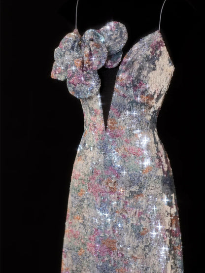 Robe de bal longue élégante à bretelles spaghetti et sequins floraux, coupe trapèze, style SA096