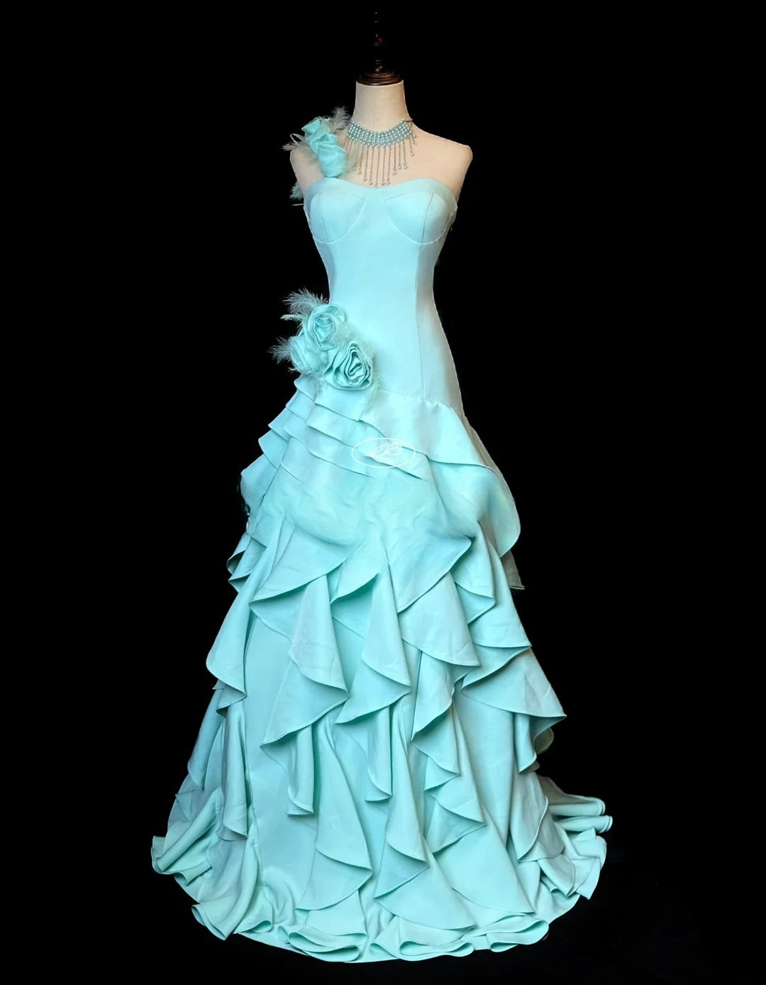 Vintage 60s Prom Dresses Mermaid One Shoulder Satin Tiffany Blue With Flowers Sleeveless Prom Evening Dress Formal Outfits RB5902