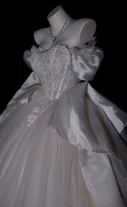 Princess Wedding Dress Ball Gown Off Shoulder White Tulle With Short Sleeves Bridal Gown for Big Day RB9896