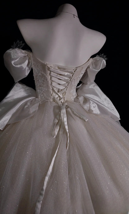 Princess Wedding Dress Ball Gown Off Shoulder White Tulle With Short Sleeves Bridal Gown for Big Day RB9896