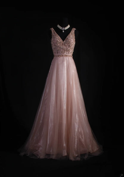 Cocktailkleid für Damen, A-Linie, V-Ausschnitt, zartrosa mit perlenbesetztem Oberteil, langes Abendkleid für Abschlussfeiern, Ballkleid AS097