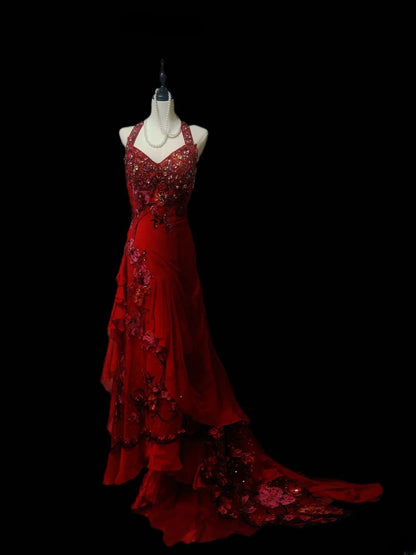 Robe de bal longue bordeaux vintage années 1950, coupe trapèze, dos nu, à volants et appliques, idéale pour les élèves de terminale ou les soirées de fin d'année (AS097)