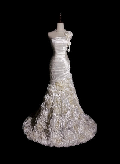 Princess Wedding Dress Mermaid One Shoulder Satin Floral With Ruched Bridal Gown for Big Day RB9897