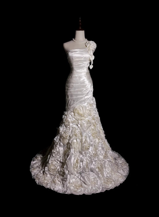 Princess Wedding Dress Mermaid One Shoulder Satin Floral With Ruched Bridal Gown for Big Day RB9897