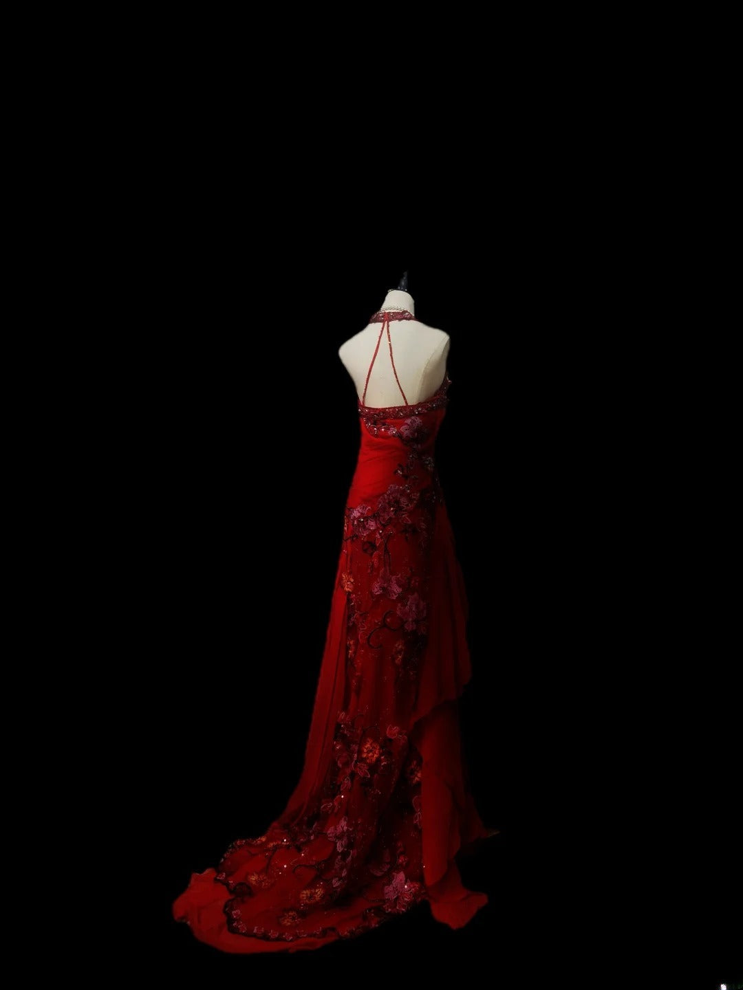 Robe de bal longue bordeaux vintage années 1950, coupe trapèze, dos nu, à volants et appliques, idéale pour les élèves de terminale ou les soirées de fin d'année (AS097)