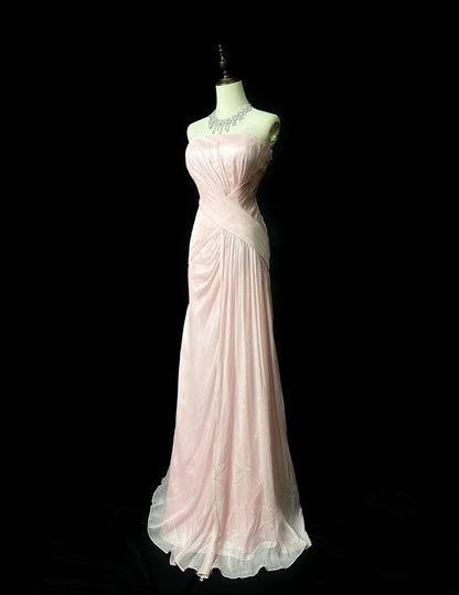 Vintage 80s Prom Dresses Mermaid Strapless Light Pink Chiffon With Ruffled Long Evening Dress Formal Outfits RB5903