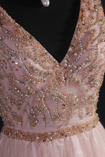 Cocktailkleid für Damen, A-Linie, V-Ausschnitt, zartrosa mit perlenbesetztem Oberteil, langes Abendkleid für Abschlussfeiern, Ballkleid AS097
