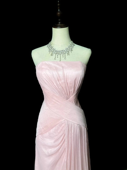 Vintage 80s Prom Dresses Mermaid Strapless Light Pink Chiffon With Ruffled Long Evening Dress Formal Outfits RB5903