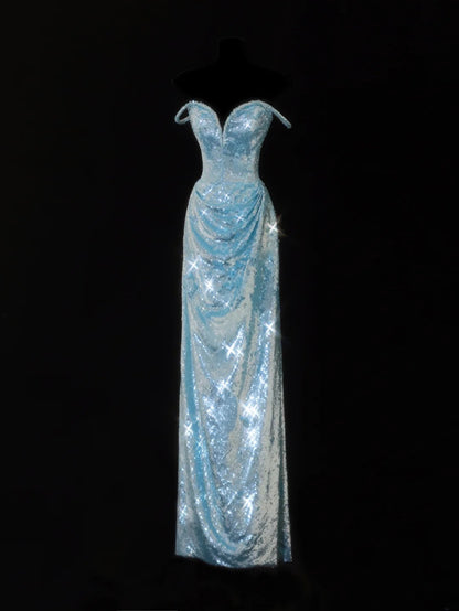 Elegantes Etuikleid mit Spaghettiträgern, blau glitzernden Pailletten – ein beeindruckendes langes Ballkleid für festliche Anlässe (SA098)