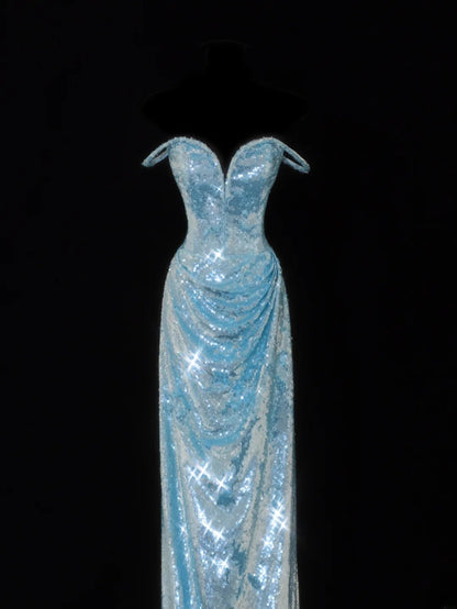 Elegantes Etuikleid mit Spaghettiträgern, blau glitzernden Pailletten – ein beeindruckendes langes Ballkleid für festliche Anlässe (SA098)