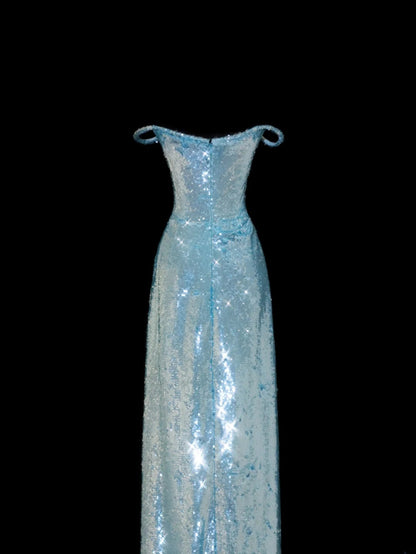 Elegantes Etuikleid mit Spaghettiträgern, blau glitzernden Pailletten – ein beeindruckendes langes Ballkleid für festliche Anlässe (SA098)