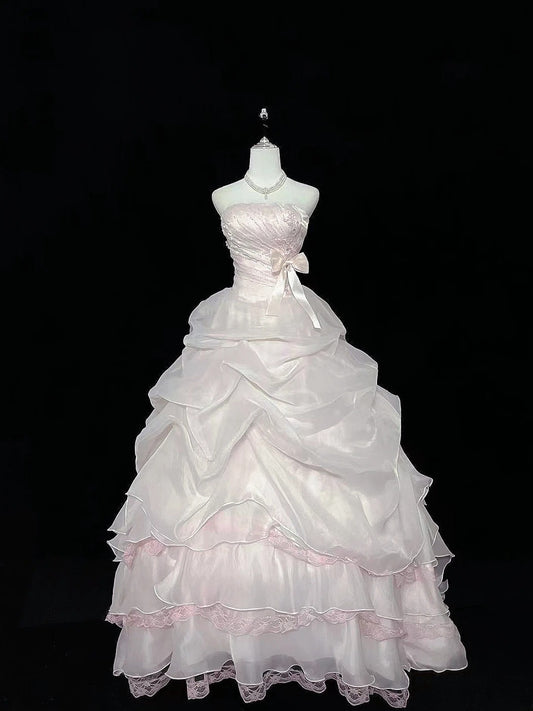 Cute Ball Gown Strapless Light Pink Organza With Beading Quince Dress Voluminous Sweet 16 Sweet Sixteen Outfits Vestido de 15 RB7469
