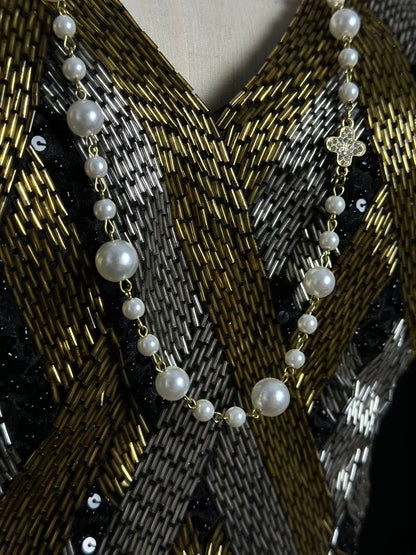 Vintage 80s Prom Dresses Mermaid V Neckline Black Chiffon With Gold Beaded Long Evening Dress Formal Outfits RB5904