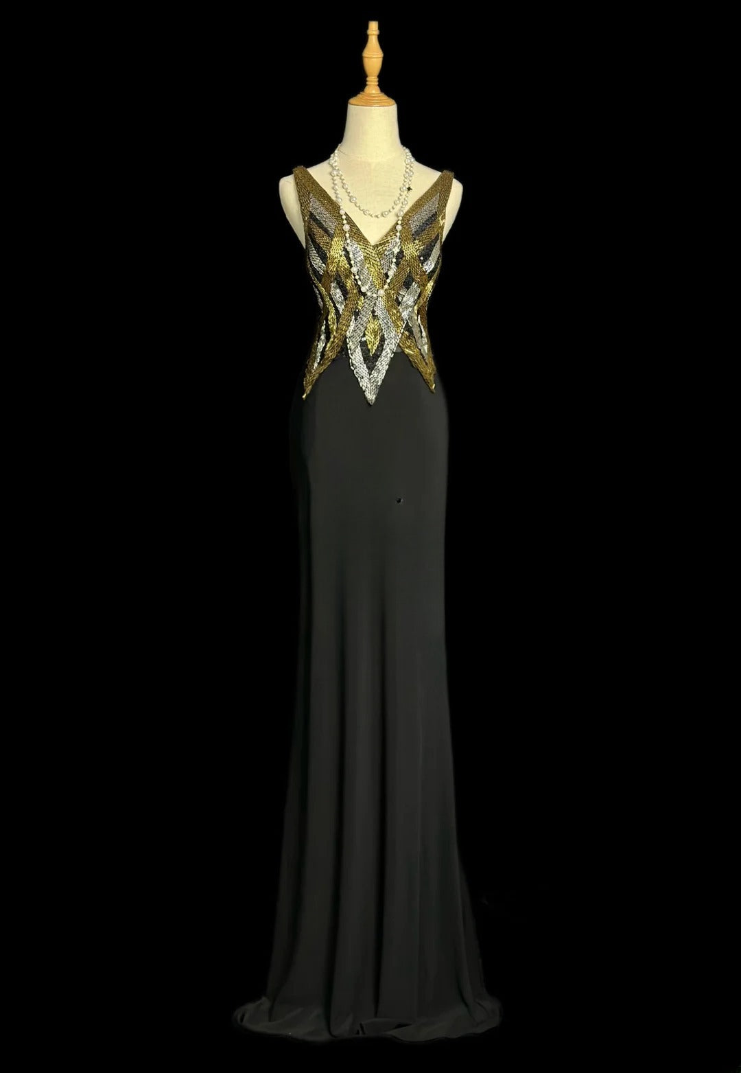 Vintage 80s Prom Dresses Mermaid V Neckline Black Chiffon With Gold Beaded Long Evening Dress Formal Outfits RB5904