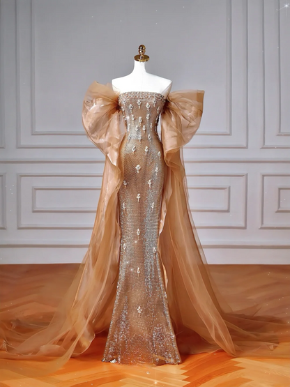 Robe de soirée sirène longue, bustier, à sequins et manches courtes perlées, ornée de perles, idéale pour un bal de promo ou un dîner. Référence : AQ099