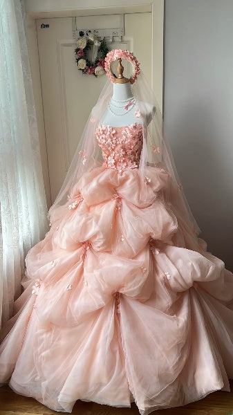 Modest Sweet 16 Dresses Long Strapless Blush Pink Tulle Ball Gown Sweet Sixteen Party Birthday Outfit RC0466