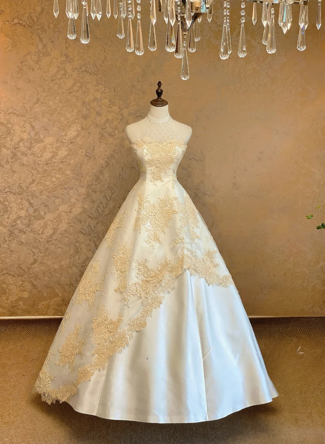Princess Ball Gown High Neck White Satin With Gold Lace Long Bridal Gown RB9071