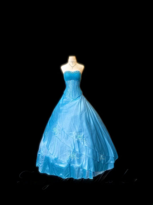 Bescheidenes Ballkleid Trägerlos Blau Satin Ärmellos Mit Perlen Lang Quinceanera Kleid Vestido de 15 de Cenicienta RB3489
