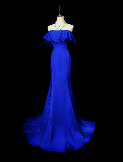 Vintage 70s Prom Dresses Mermaid Off The Shoulder Royal Blue With Buttons Long Evening Dress Formal Outfits RB5905