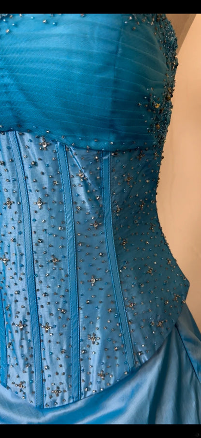 Robe de bal modeste bustier en satin bleu sans manches avec perles longue robe de quinceañera vestido de 15 de cenicienta RB3489