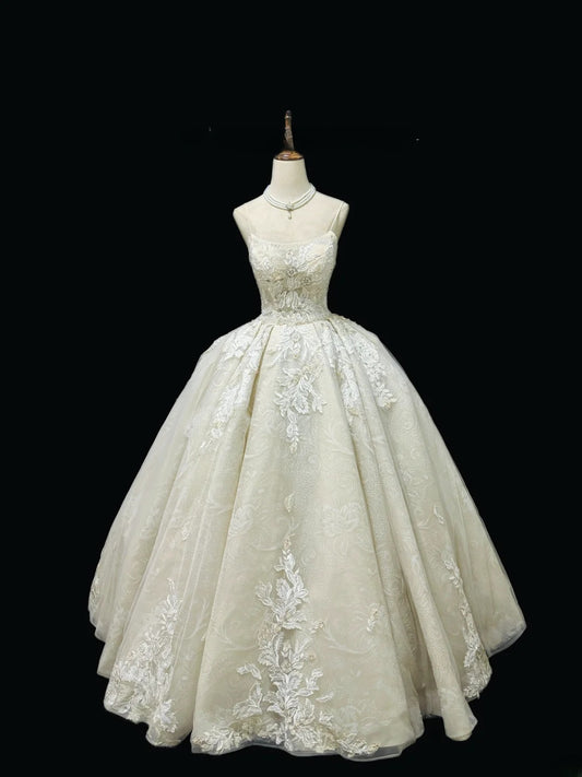 Vintage Ball Gown Spaghetti Straps Cream Ivory Tulle With Beading Lace Long Brides Gown Bridal Dress Wedding Dresses Style RB7470