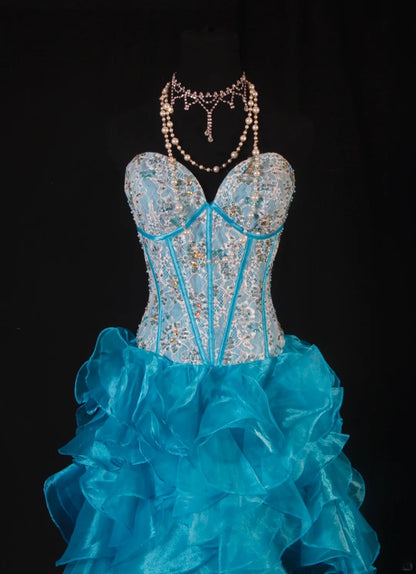 Vintage Ball Gowns Women's Cocktail Party Gowns High Low Sweetheart Blue With Tiered Beaded Tops Long Graduation Dinner Outfits Prom Dresses AS099