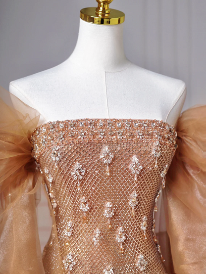 Robe de soirée sirène longue, bustier, à sequins et manches courtes perlées, ornée de perles, idéale pour un bal de promo ou un dîner. Référence : AQ099