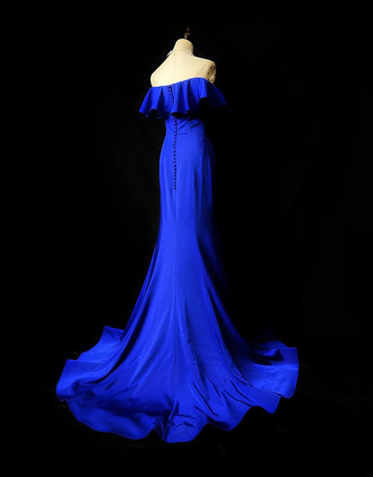 Vintage 70s Prom Dresses Mermaid Off The Shoulder Royal Blue With Buttons Long Evening Dress Formal Outfits RB5905