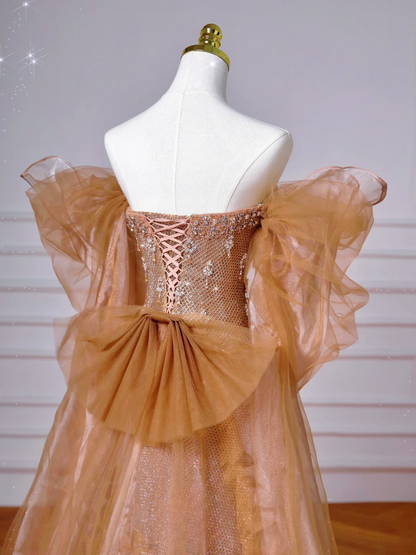 Robe de soirée sirène longue, bustier, à sequins et manches courtes perlées, ornée de perles, idéale pour un bal de promo ou un dîner. Référence : AQ099
