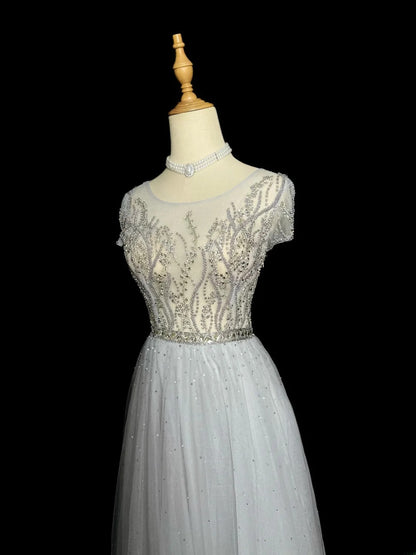 Vintage 1980s Prom Dresses A Line Scoop Light Gray Tulle With Beaded Evening Dress Formal Outfits RB5906