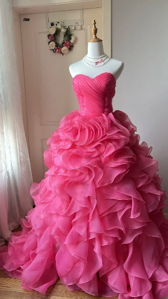 Dezente lange Sweet-16-Kleider mit Herzausschnitt, knallpinkes Ballkleid, Outfit für Sweet-Sixteen-Party oder Geburtstag RC0467