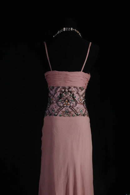 Vintage A-Linien-Partykleid aus rosa Chiffon mit Spaghettiträgern und Perlen im eleganten Retro-Stil der 1950er Jahre – perfekt für Geburtstage, Abendessen und Abschlussbälle (AS100)