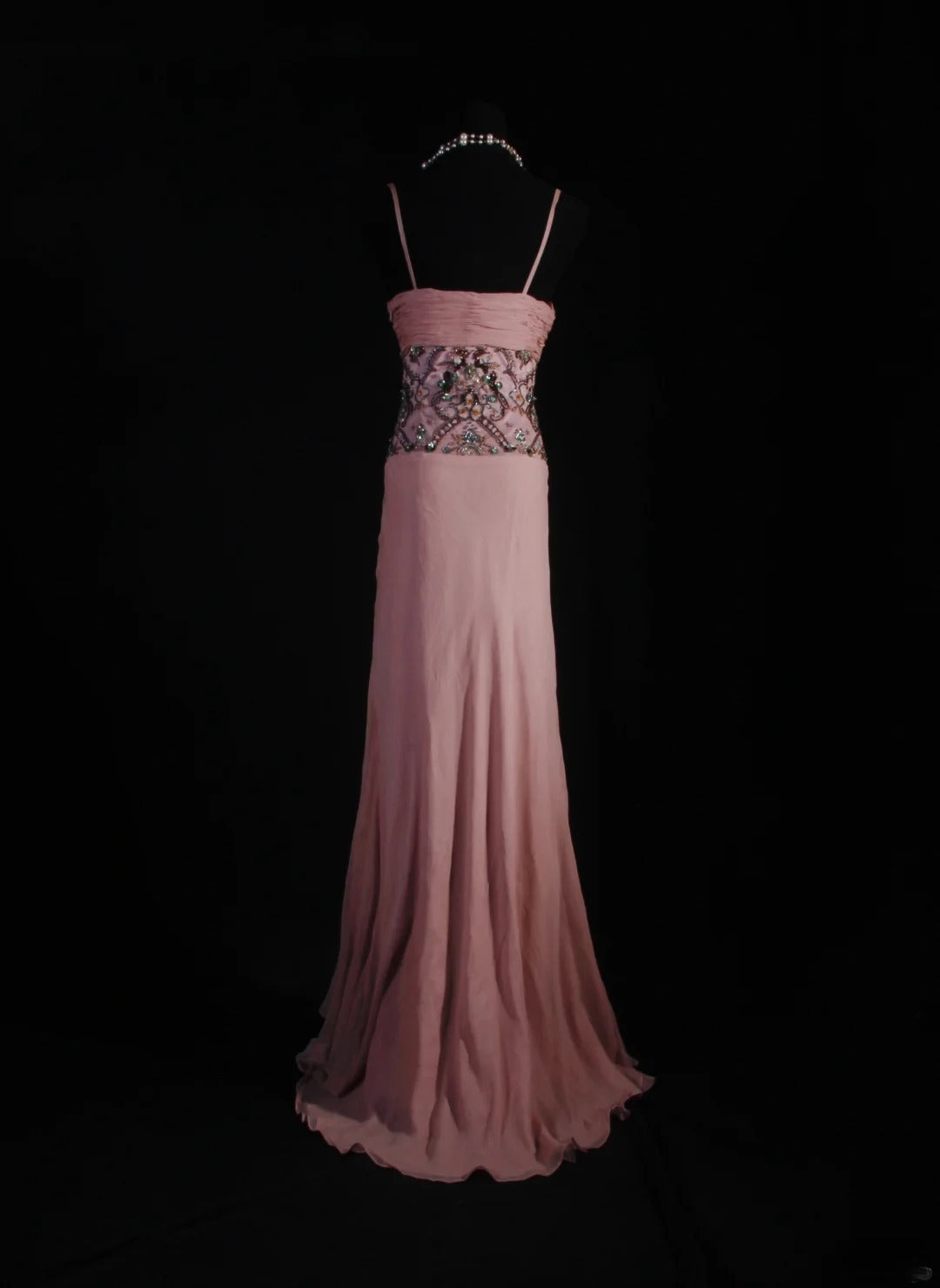 Vintage A-Linien-Partykleid aus rosa Chiffon mit Spaghettiträgern und Perlen im eleganten Retro-Stil der 1950er Jahre – perfekt für Geburtstage, Abendessen und Abschlussbälle (AS100)