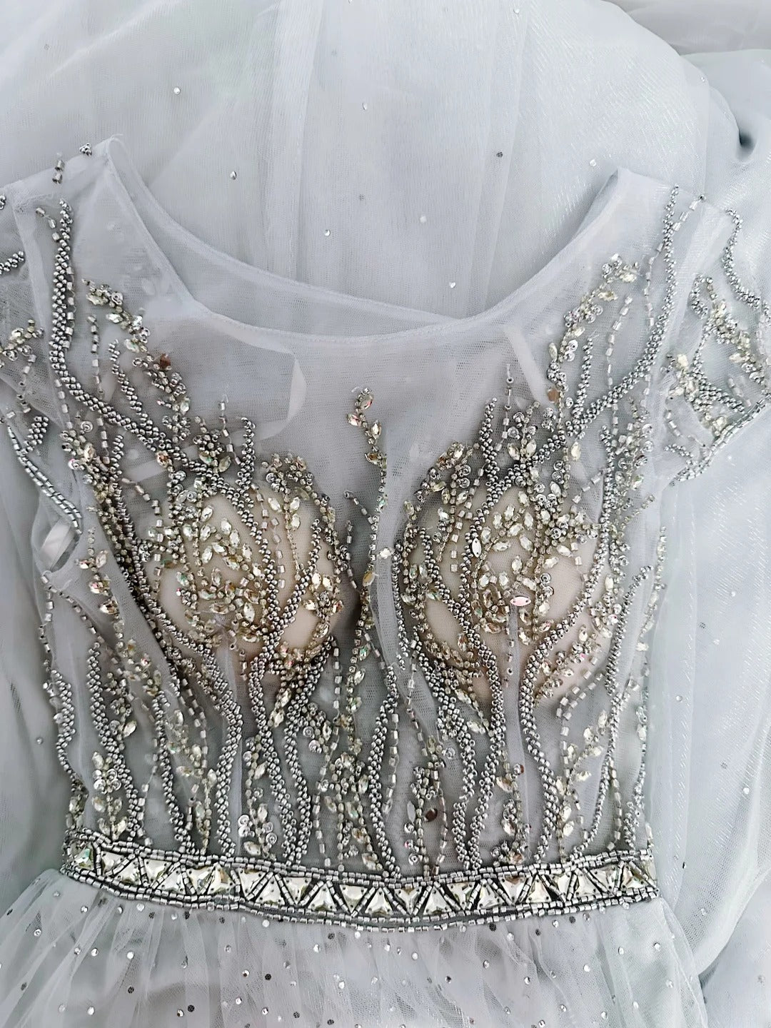 Vintage 1980s Prom Dresses A Line Scoop Light Gray Tulle With Beaded Evening Dress Formal Outfits RB5906