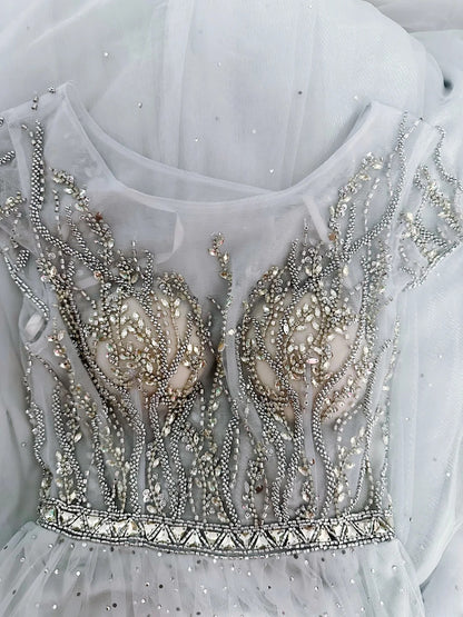 Vintage 1980s Prom Dresses A Line Scoop Light Gray Tulle With Beaded Evening Dress Formal Outfits RB5906
