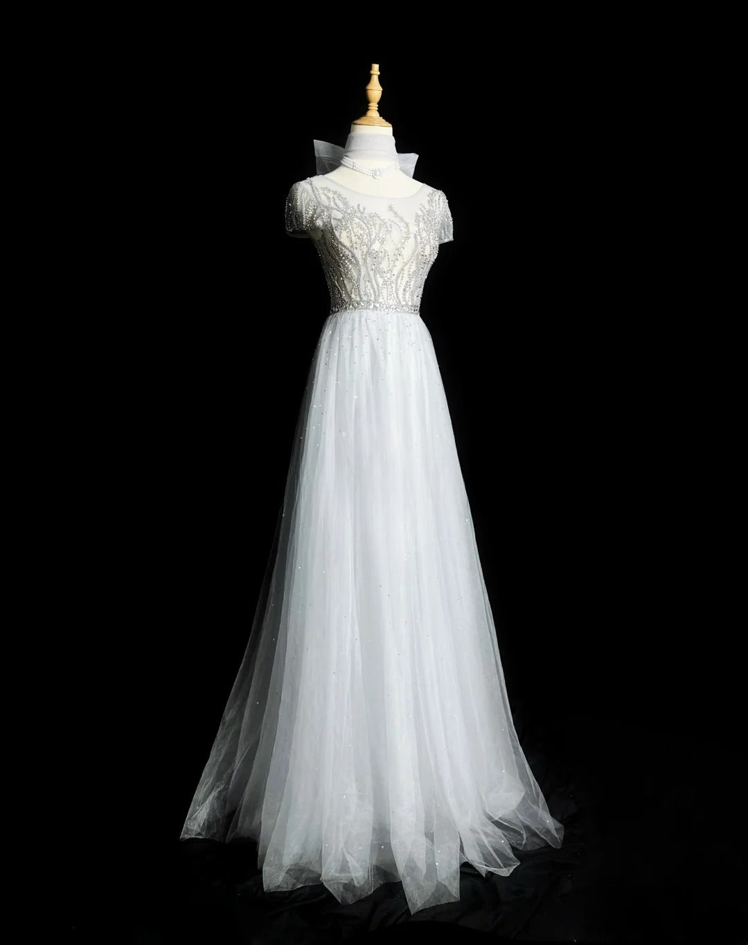 Vintage 1980s Prom Dresses A Line Scoop Light Gray Tulle With Beaded Evening Dress Formal Outfits RB5906