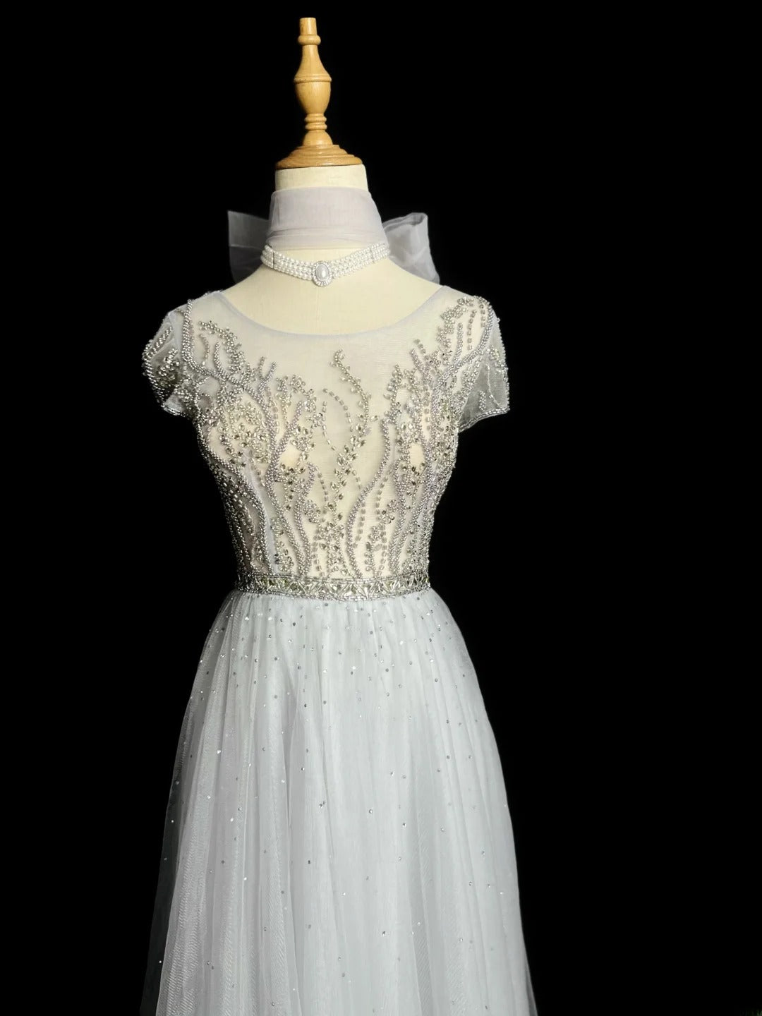 Vintage 1980s Prom Dresses A Line Scoop Light Gray Tulle With Beaded Evening Dress Formal Outfits RB5906
