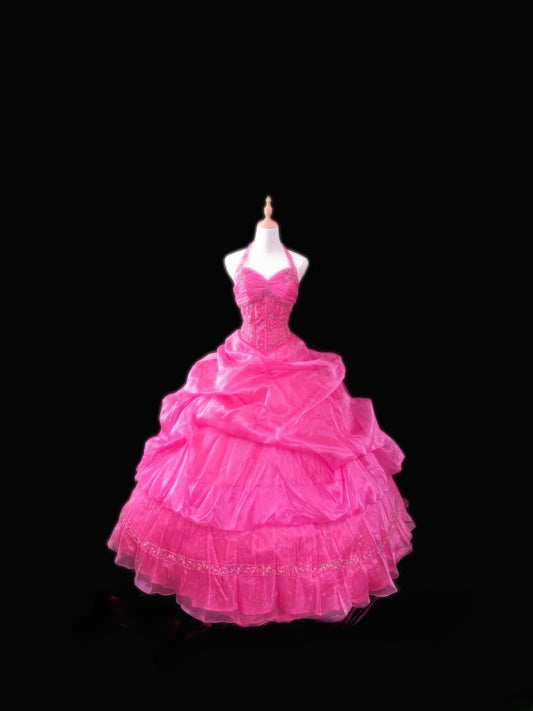Dezentes Ballkleid Neckholder Hot Pink Ärmellos mit Perlenstickerei Stufenlagen Langes Quinceañera-Kleid vestido de 15 de cenicienta RB3564
