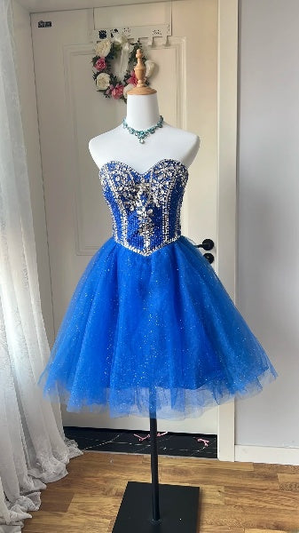 Glitzerndes Ballkleid für das Homecoming, herzförmiger Ausschnitt, königsblaues kurzes Kleid für Homecoming, Geburtstagsparty, RC0468