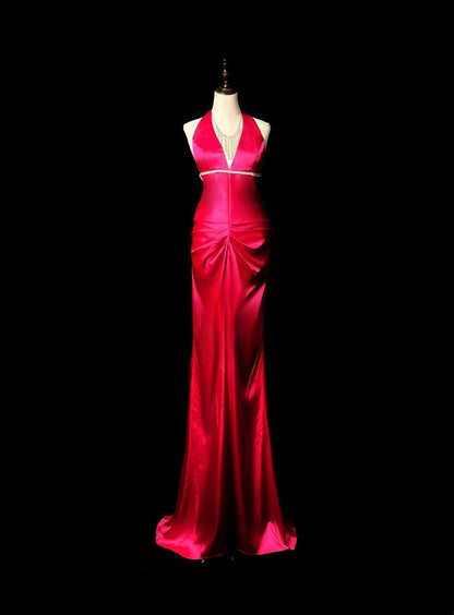 Vintage 80s Prom Dresses Mermaid V Neckline Hot Pink Satin With Backless Beaded Long Evening Dress Formal Outfits RB5907