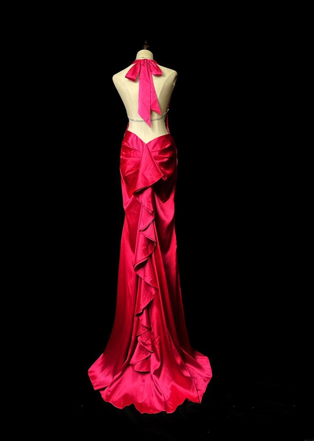 Vintage 80s Prom Dresses Mermaid V Neckline Hot Pink Satin With Backless Beaded Long Evening Dress Formal Outfits RB5907