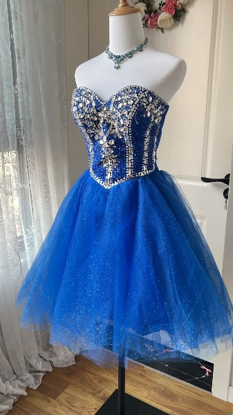 Glitzerndes Ballkleid für das Homecoming, herzförmiger Ausschnitt, königsblaues kurzes Kleid für Homecoming, Geburtstagsparty, RC0468