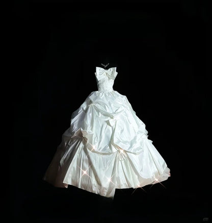 Vintage Ball Gown Strapless 70s With Bow Satin Long Autumn Winter Bridal Dress Wedding Dresses RB8827