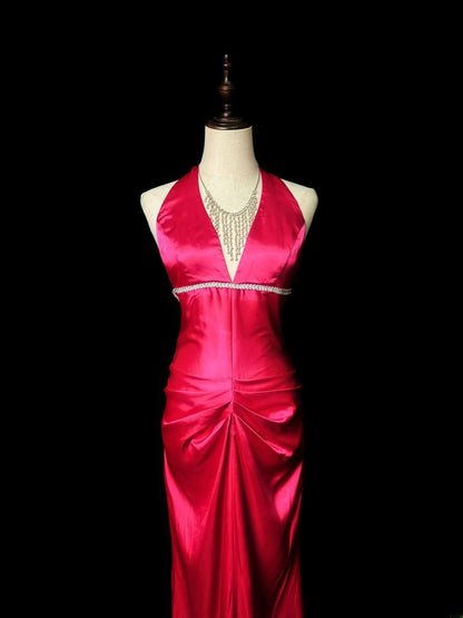 Vintage 80s Prom Dresses Mermaid V Neckline Hot Pink Satin With Backless Beaded Long Evening Dress Formal Outfits RB5907