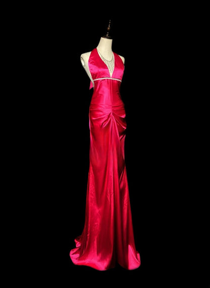 Vintage 80s Prom Dresses Mermaid V Neckline Hot Pink Satin With Backless Beaded Long Evening Dress Formal Outfits RB5907
