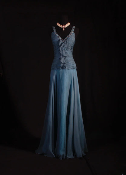 Robe de soirée longue chic sirène en mousseline avec perles et col en V AS102
