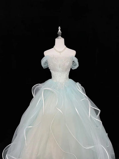 Cute Ball Gown Off The Shoulder Blue Tulle With Beading Quince Dress Voluminous Ideas Sweet 16 Quinceanera Dresses Vestido de 15 RB7472